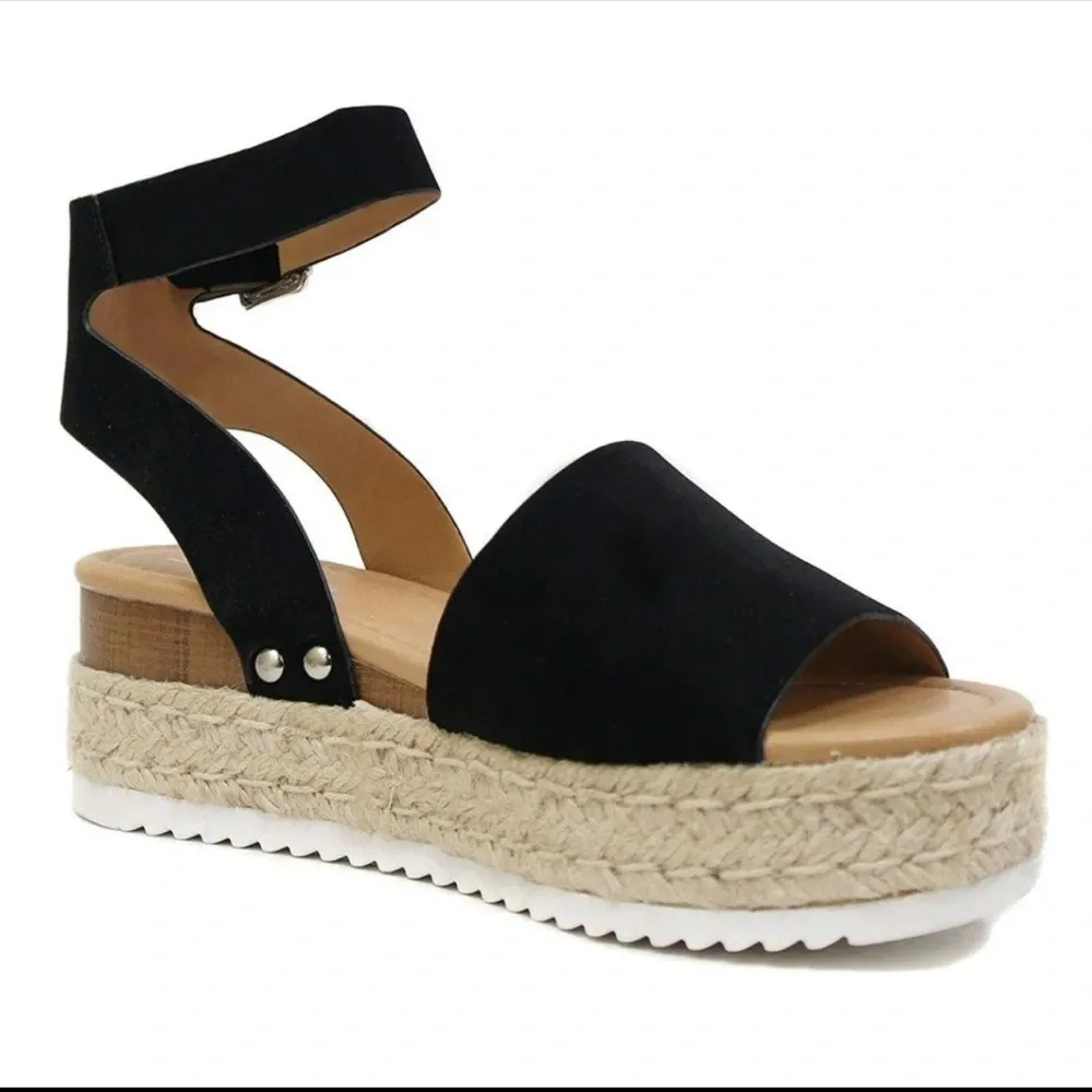 Womens Black Ankle Strap Espadrille Platform Sandals